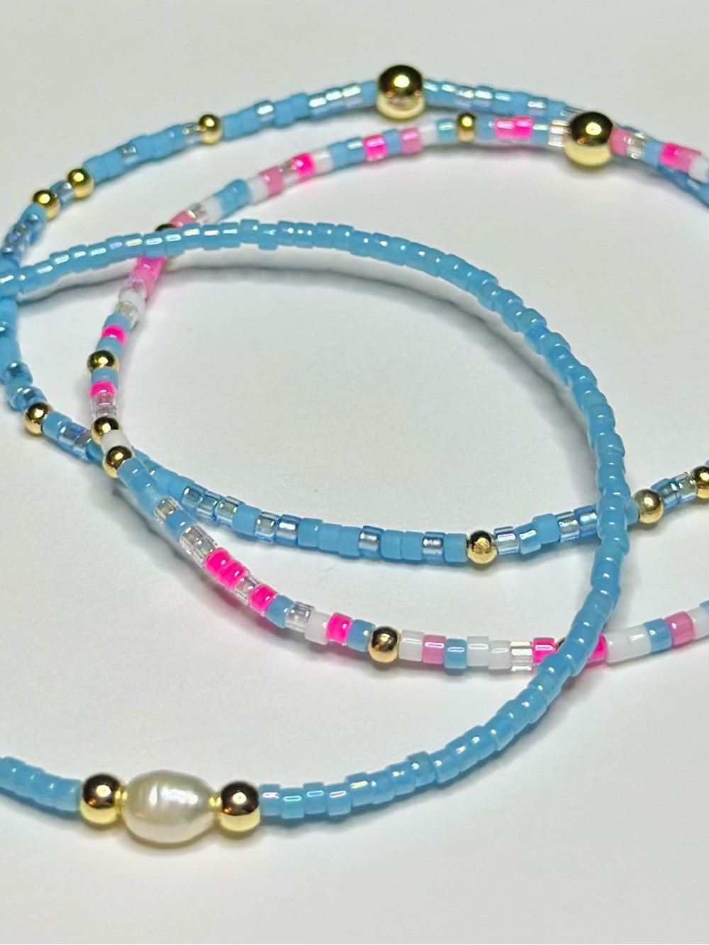 BramFam Beads gold filled blue and pink bracelet set size 6”